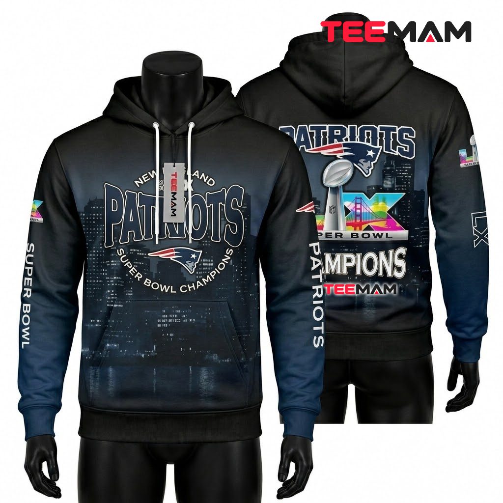 New England Patriots All Over Print 3D Hoodie Super Bowl LIX City Skyline Front