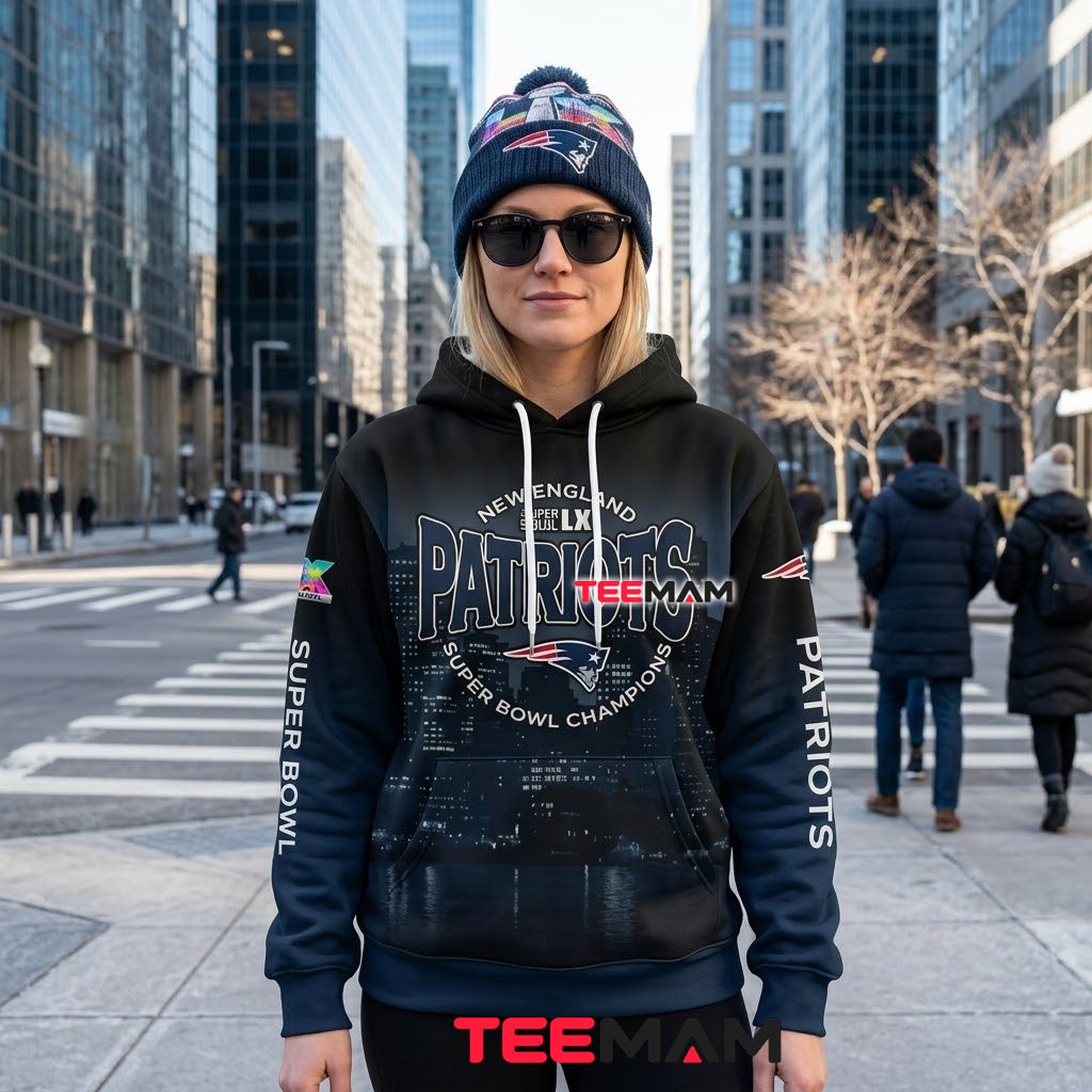New England Patriots All Over Print 3D Hoodie Super Bowl LIX City Skyline Back New England Patriots All Over Print 3D Hoodie Super Bowl LIX City Skyline Back