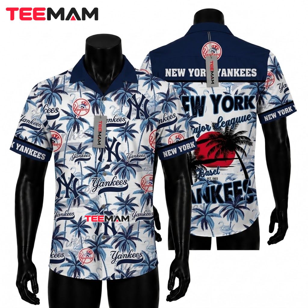 New York Yankees Hawaiian Shirt Blue Palm Sunset