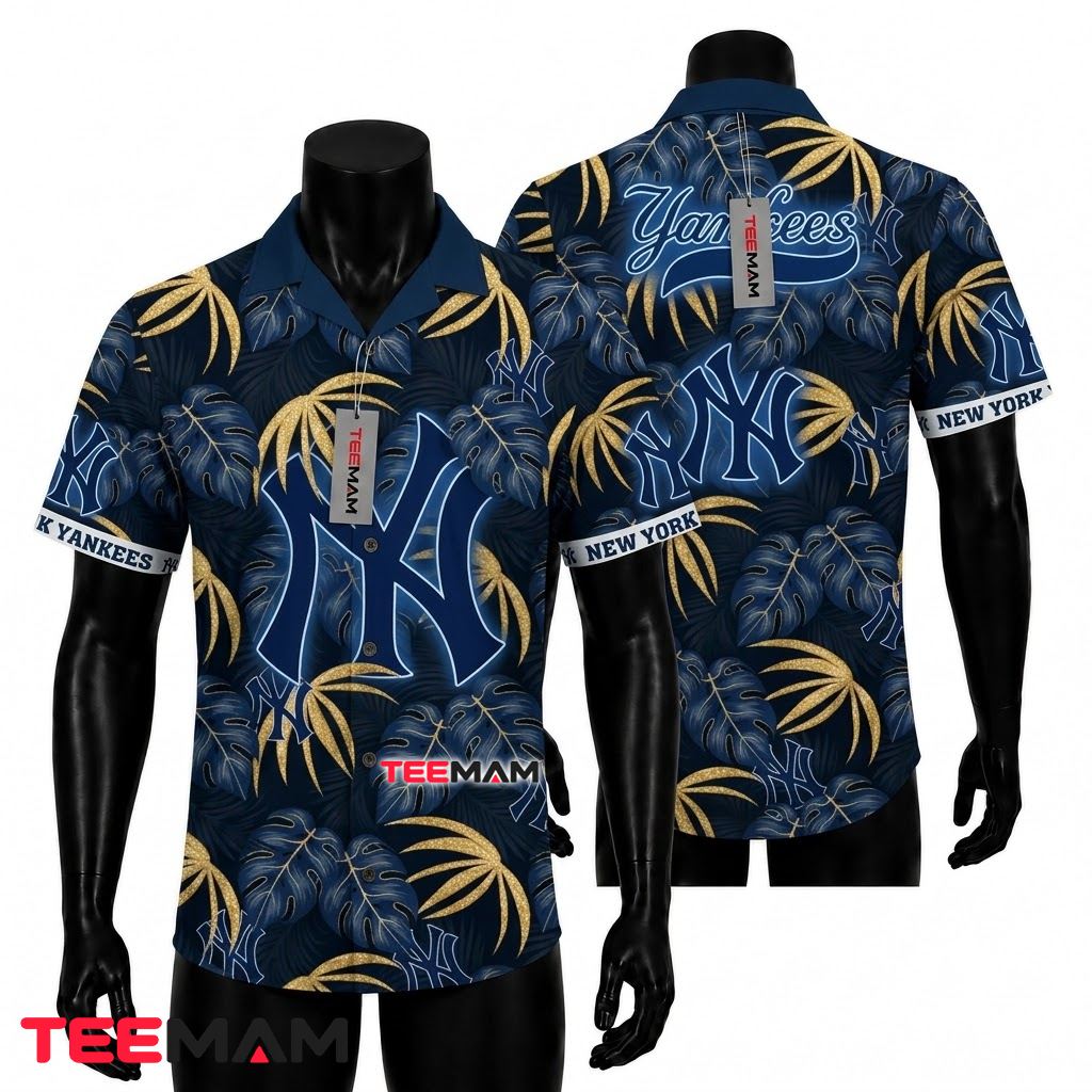 New York Yankees Hawaiian Shirt Gold Monstera