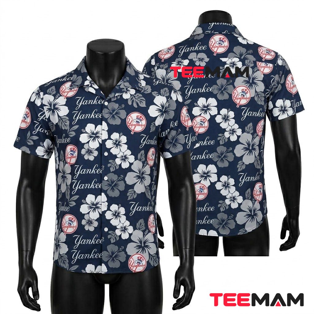 New York Yankees Hawaiian Shirt Hibiscus Pattern Front