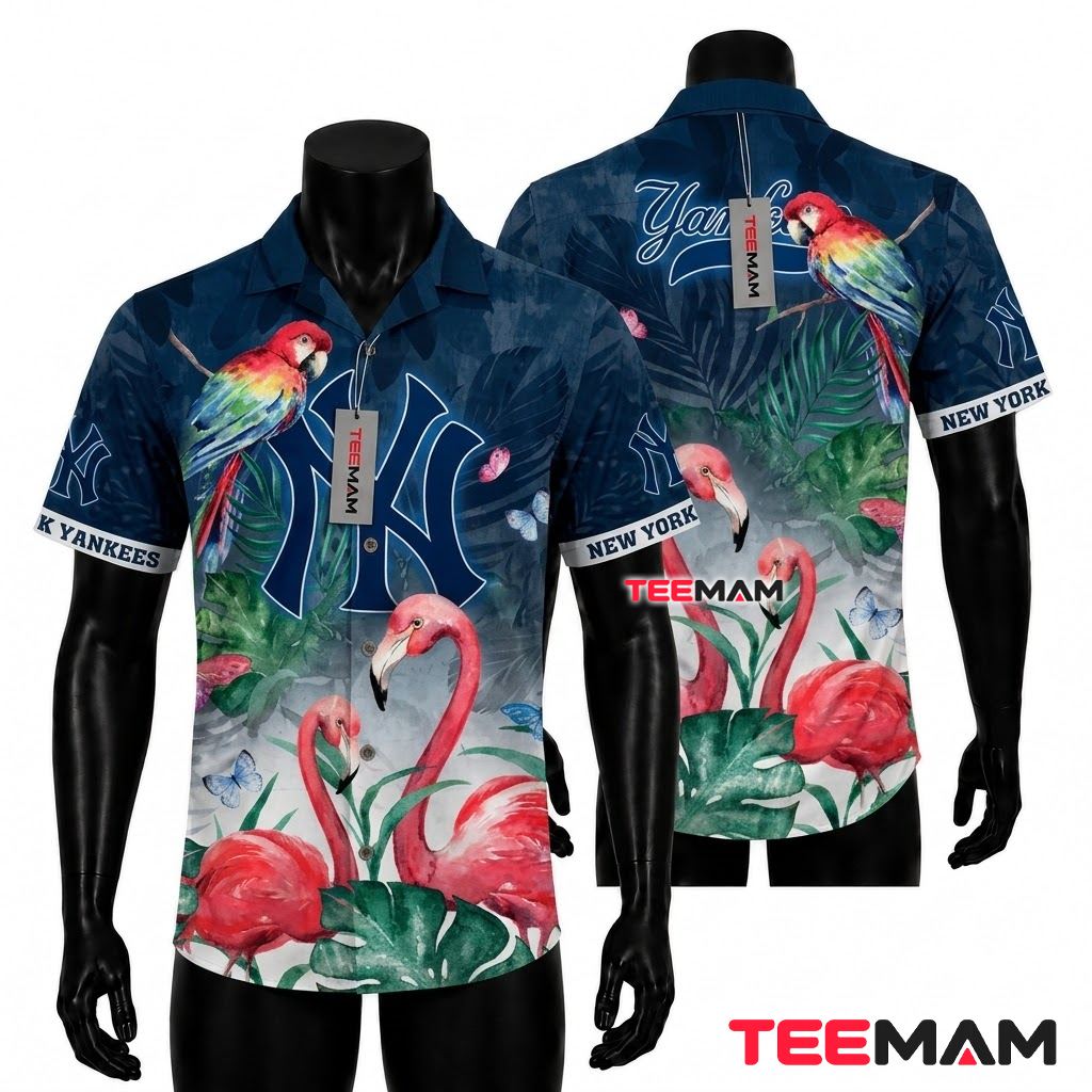 New York Yankees Hawaiian Shirt Parrot Flamingo