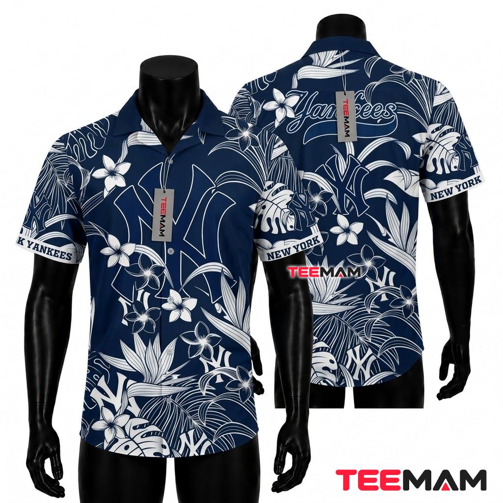 New York Yankees Hawaiian Shirt White Outline Floral