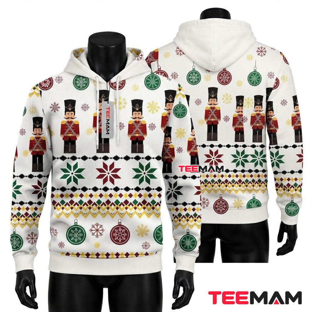 Nutcracker 3D Hoodie Ugly Ornament Pattern White Front