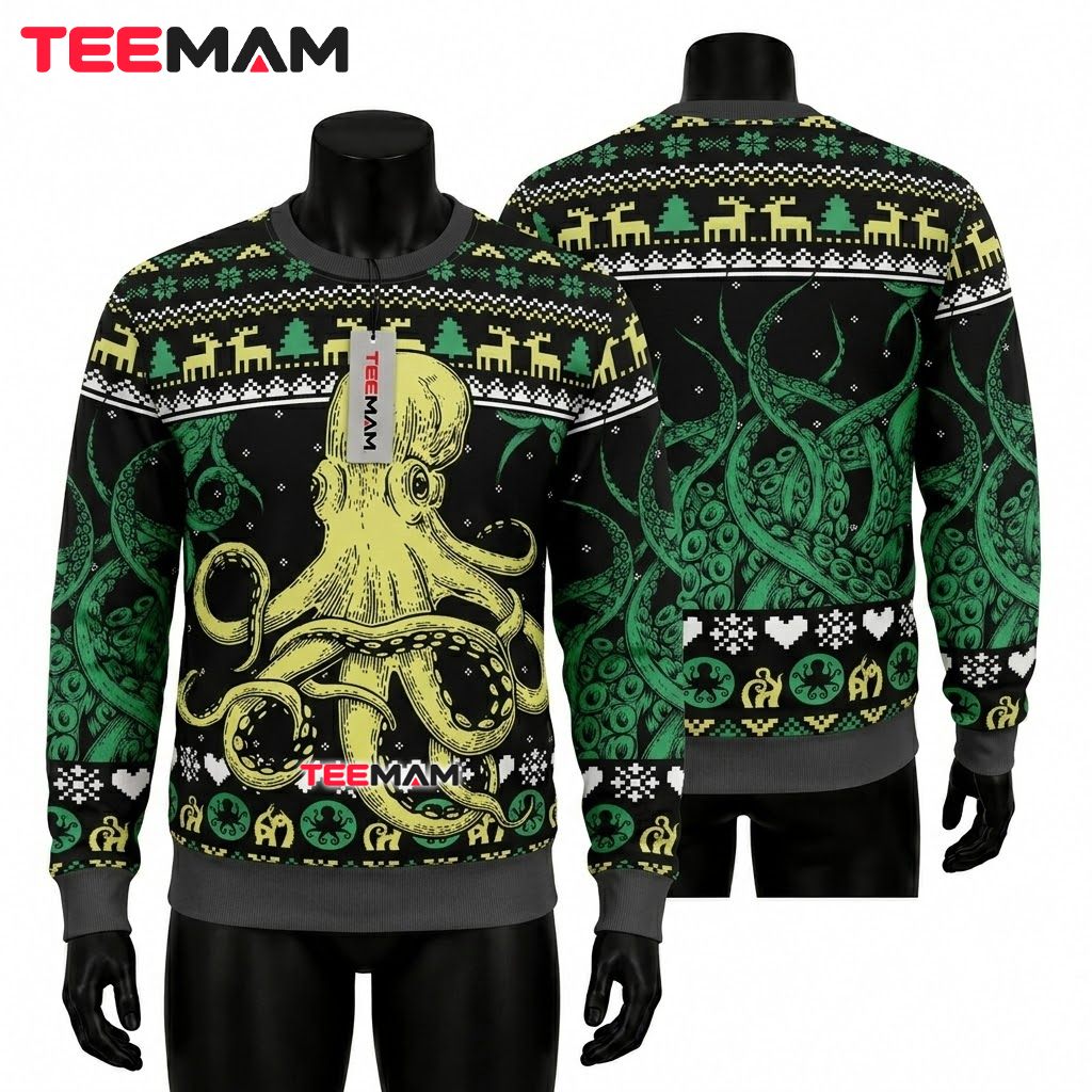 Octopus Ugly Christmas Sweater Yellow Green Reindeer Front