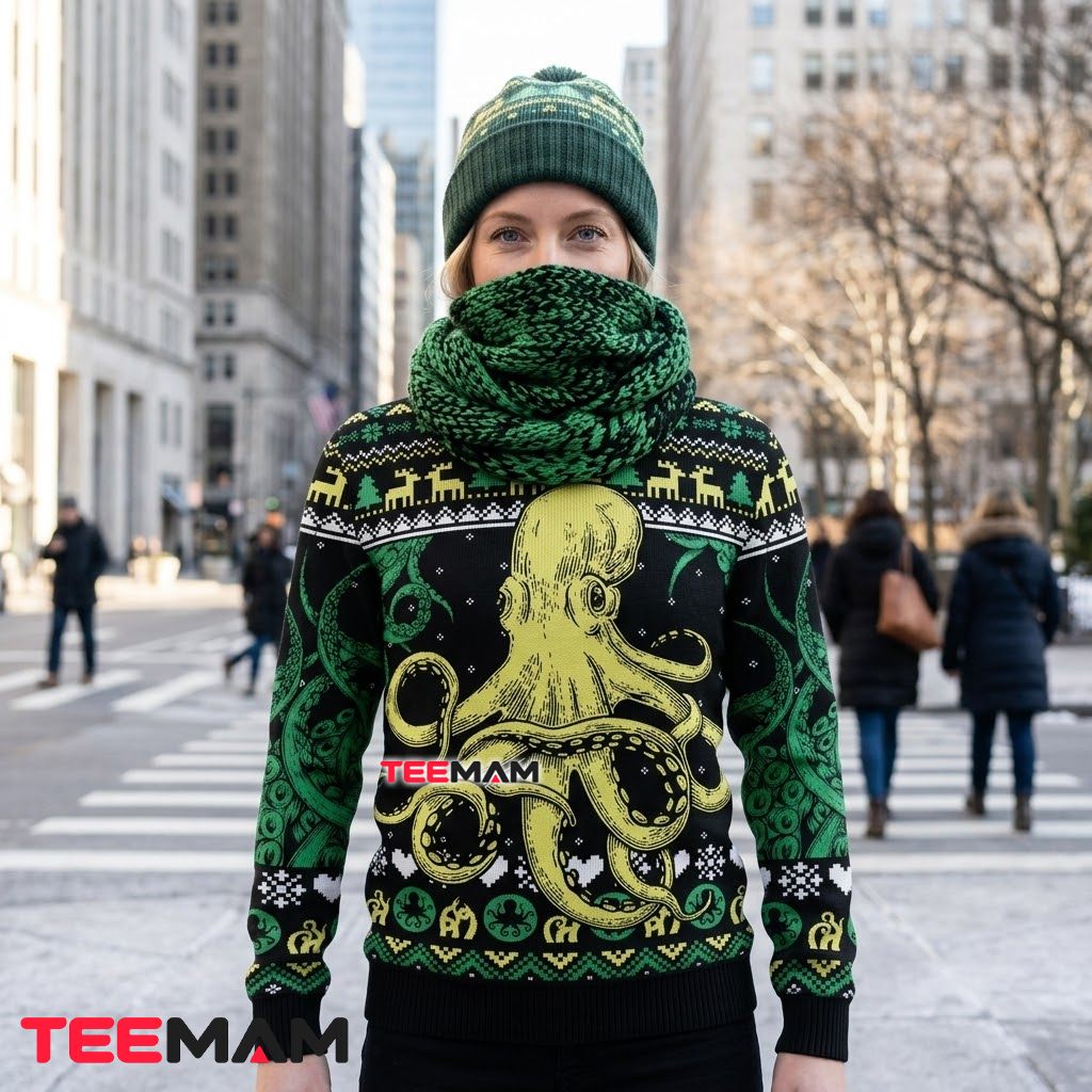 Octopus Ugly Christmas Sweater Yellow Green Reindeer Back Octopus Ugly Christmas Sweater Yellow Green Reindeer Back
