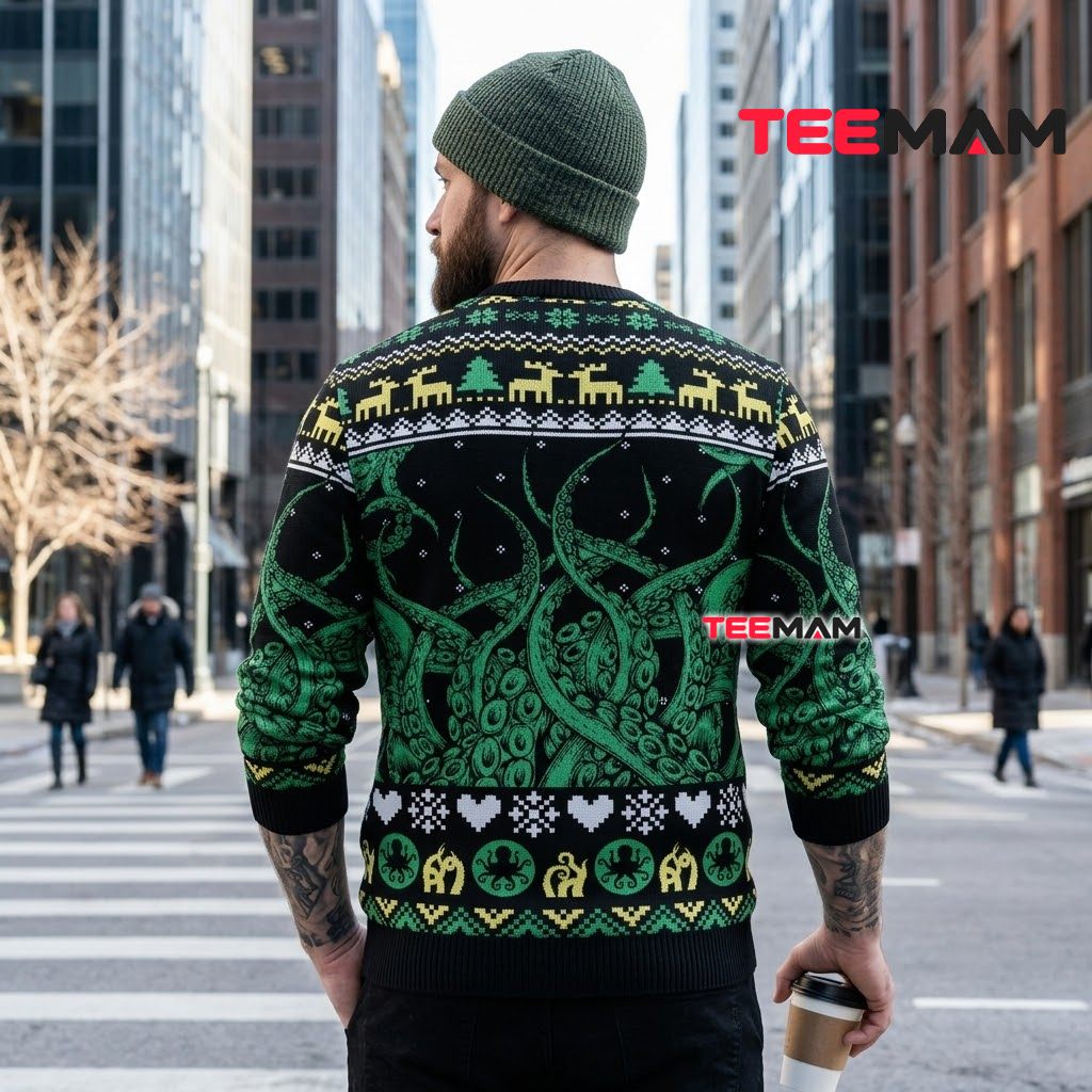 Octopus Ugly Christmas Sweater Yellow Green Reindeer Version 3 Octopus Ugly Christmas Sweater Yellow Green Reindeer Version 3