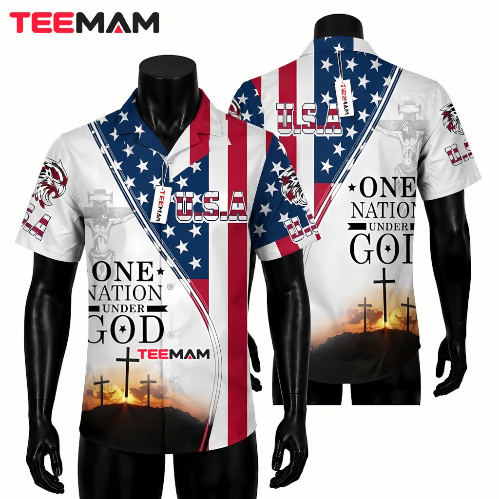 One Nation Under God Tropical Shirt USA Flag Cross Sunset Eagle Front