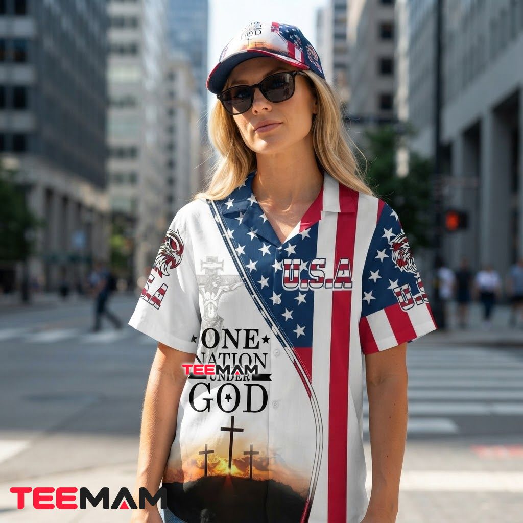One Nation Under God Tropical Shirt USA Flag Cross Sunset Eagle Back One Nation Under God Tropical Shirt USA Flag Cross Sunset Eagle Back