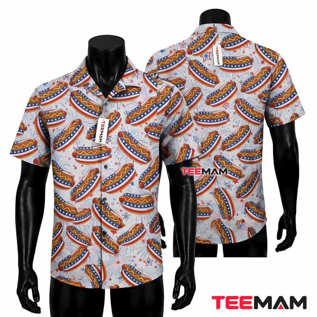 Patriotic Hot Dog Hawaiian Shirt Fireworks Stars Pattern Print Front