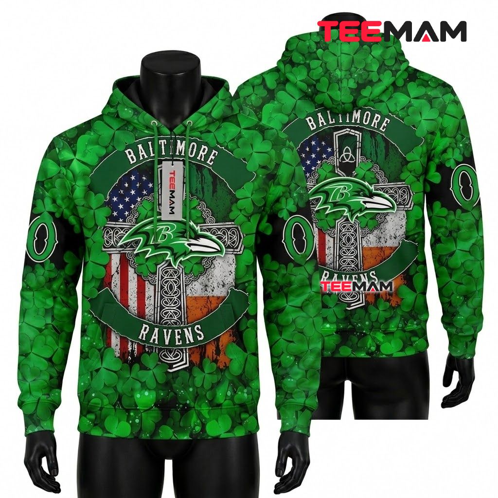 Personalized Baltimore Ravens All Over Print 3D Hoodie St. Patrick Celtic Cross Front