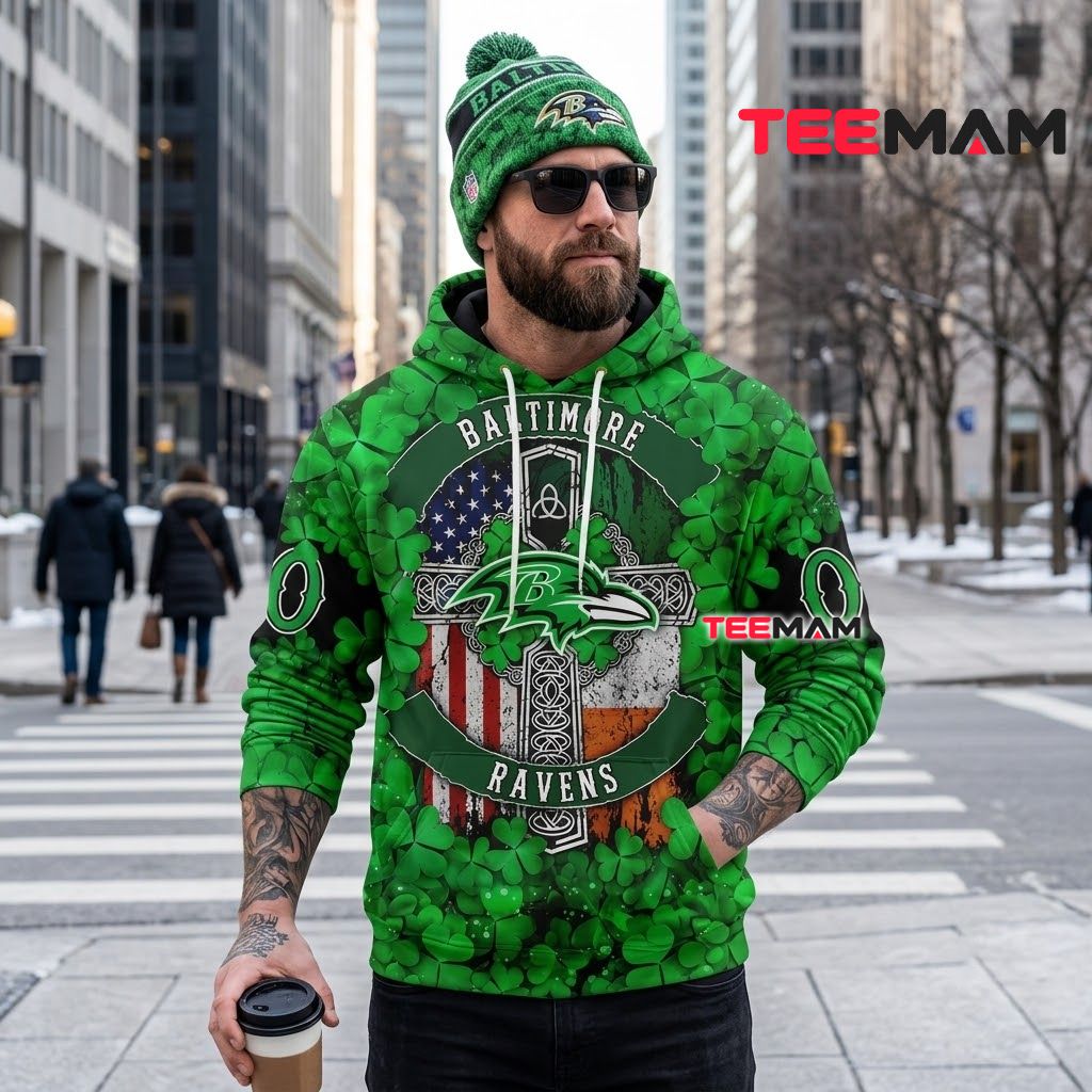 Personalized Baltimore Ravens All Over Print 3D Hoodie St. Patrick Celtic Cross Back Personalized Baltimore Ravens All Over Print 3D Hoodie St. Patrick Celtic Cross Back