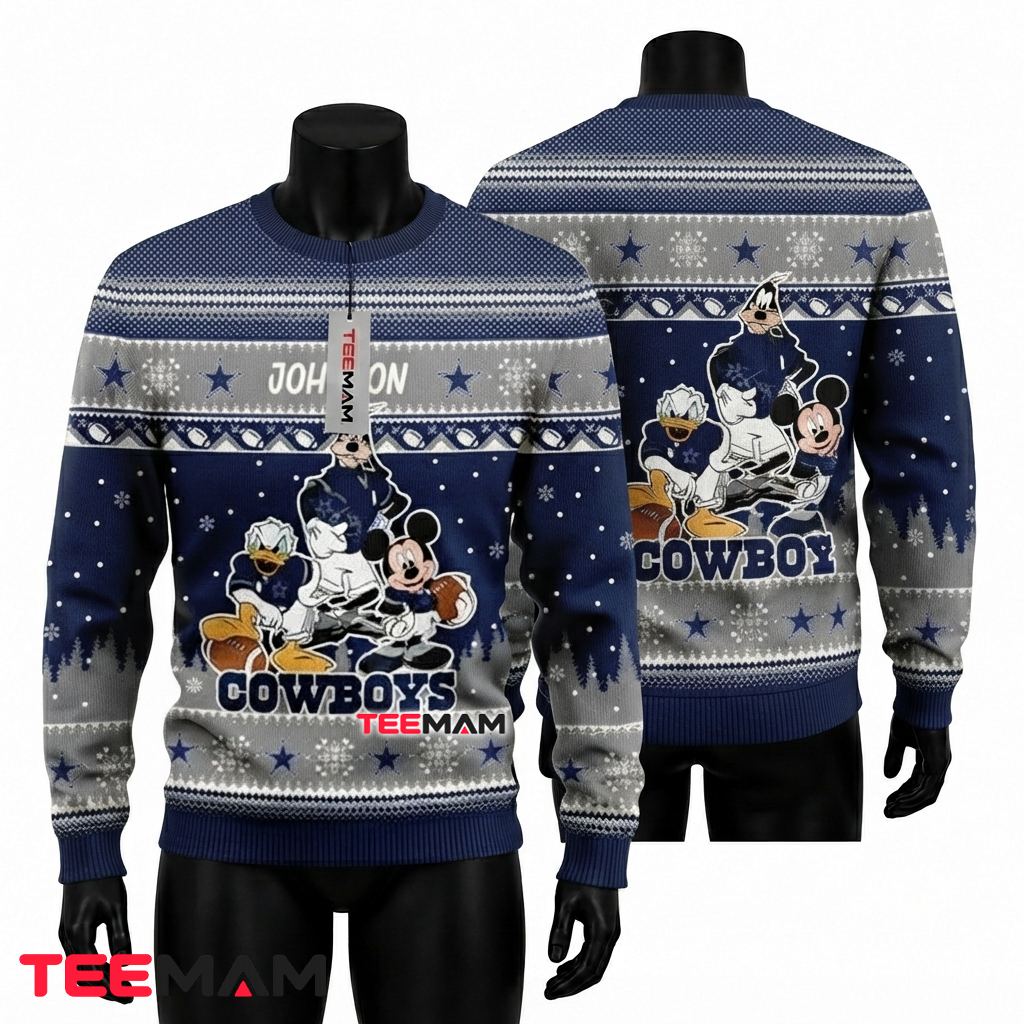 Personalized Dallas Cowboys Ugly Christmas Sweater Mickey Goofy Donald Front
