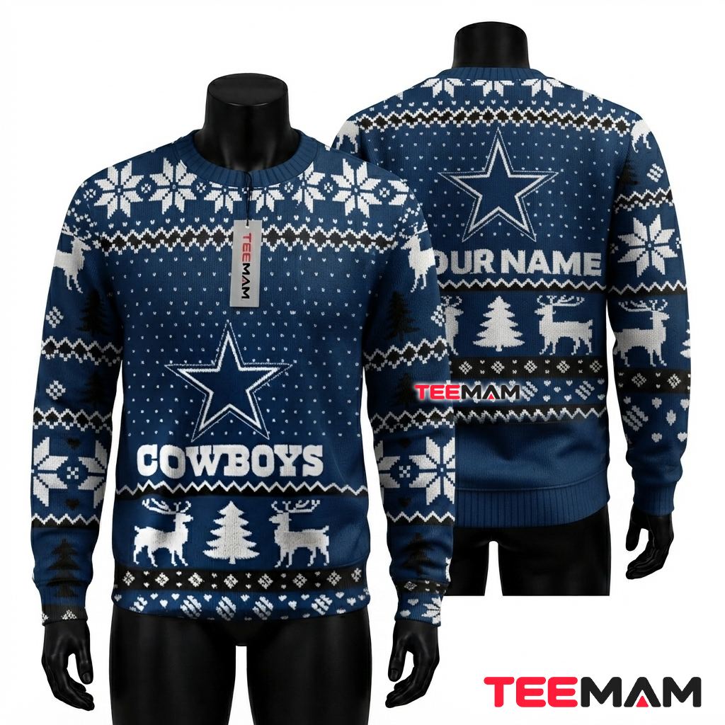 Personalized Dallas Cowboys Ugly Christmas Sweater Reindeer Star Front