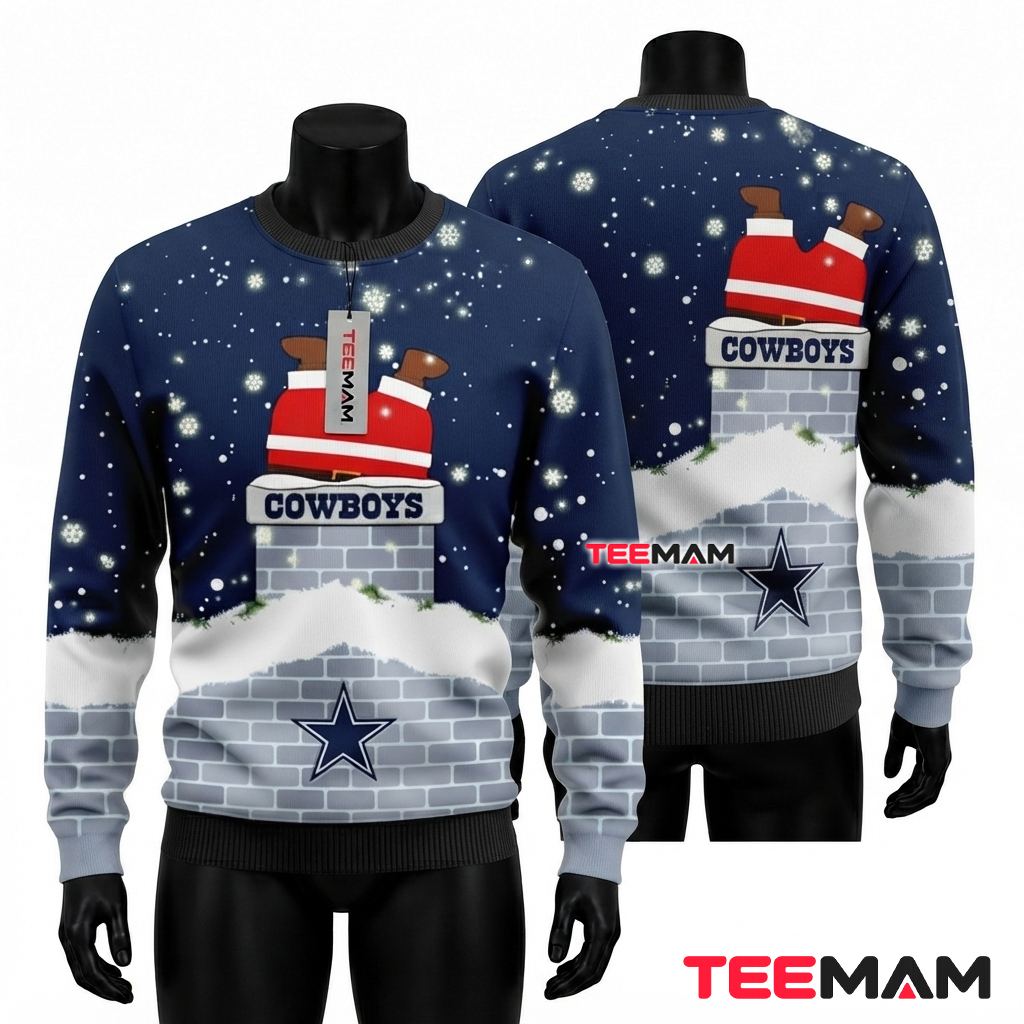 Personalized Dallas Cowboys Ugly Christmas Sweater Santa Chimney Front