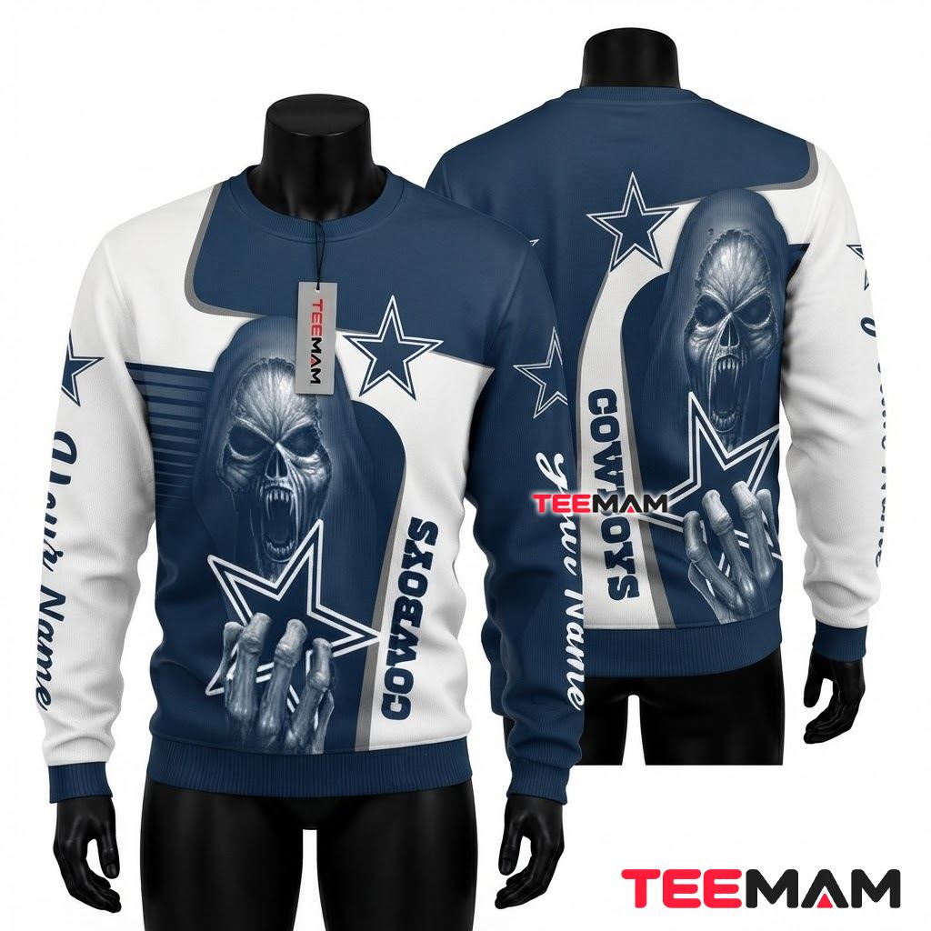 Personalized Dallas Cowboys Ugly Christmas Sweater Skull Claw Front