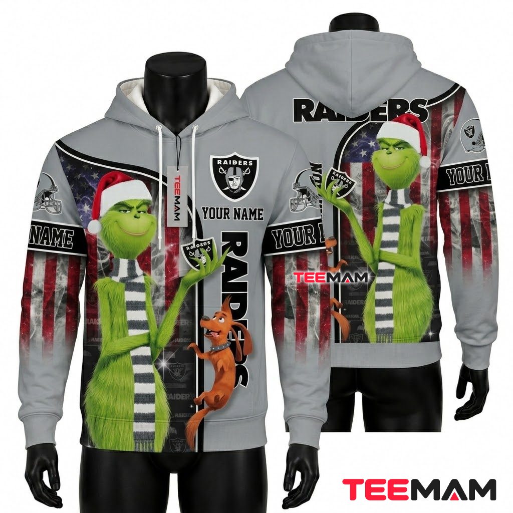 Personalized Las Vegas Raiders 3D Hoodie Grinch Max Christmas Front
