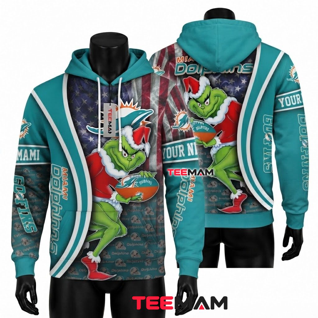 Personalized Miami Dolphins 3D Hoodie Grinch Christmas Front