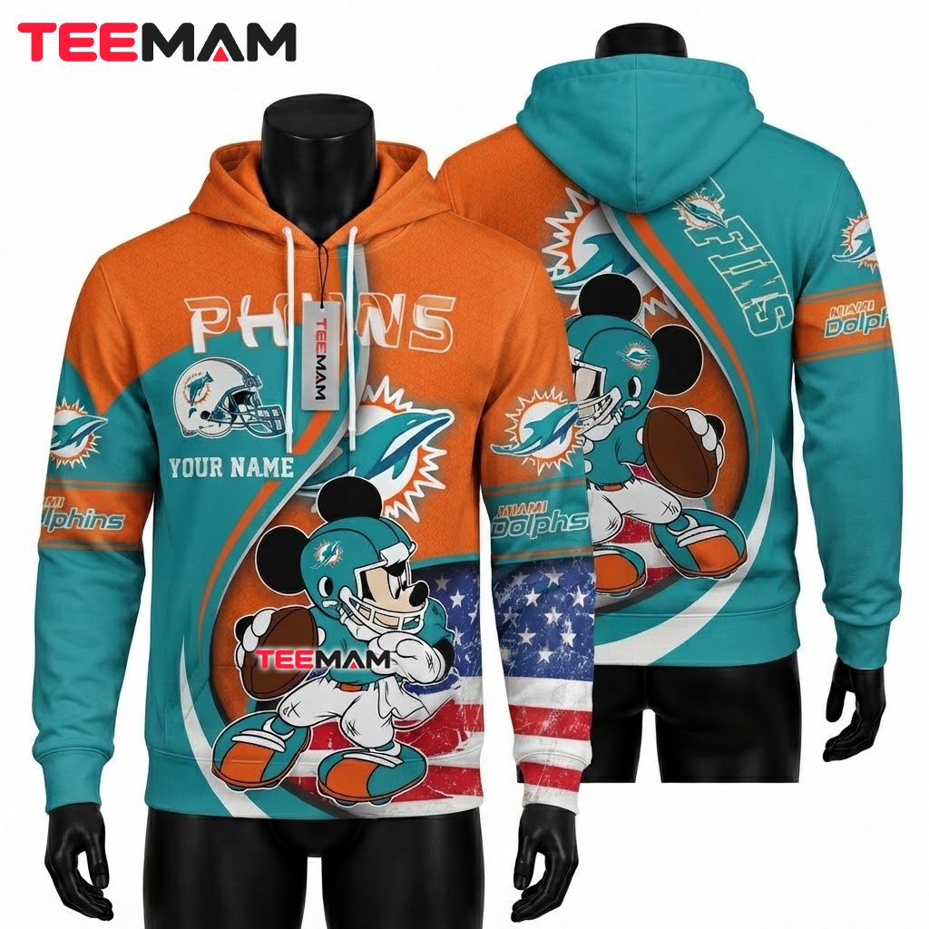 Personalized Miami Dolphins All Over Print 3D Hoodie Mickey Mouse Front