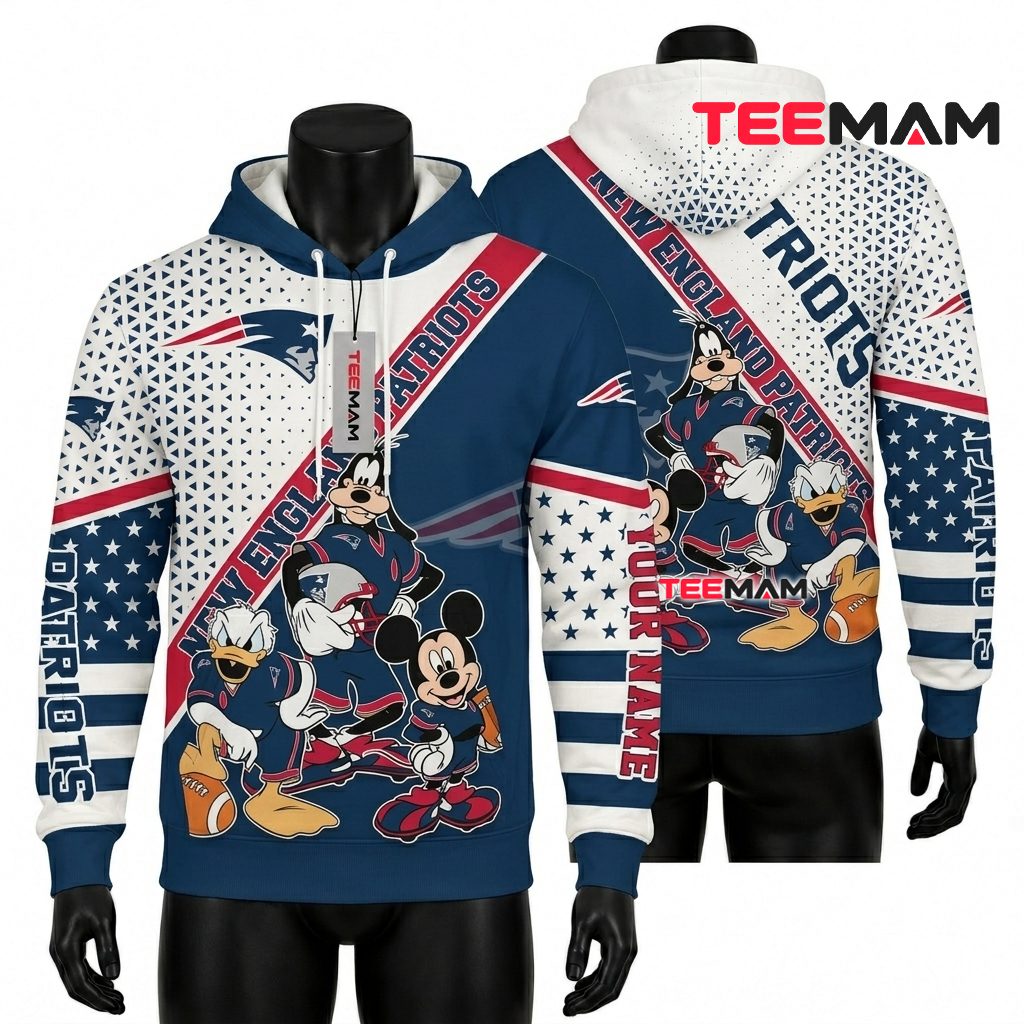 Personalized New England Patriots 3D Hoodie Mickey Goofy Donald Front