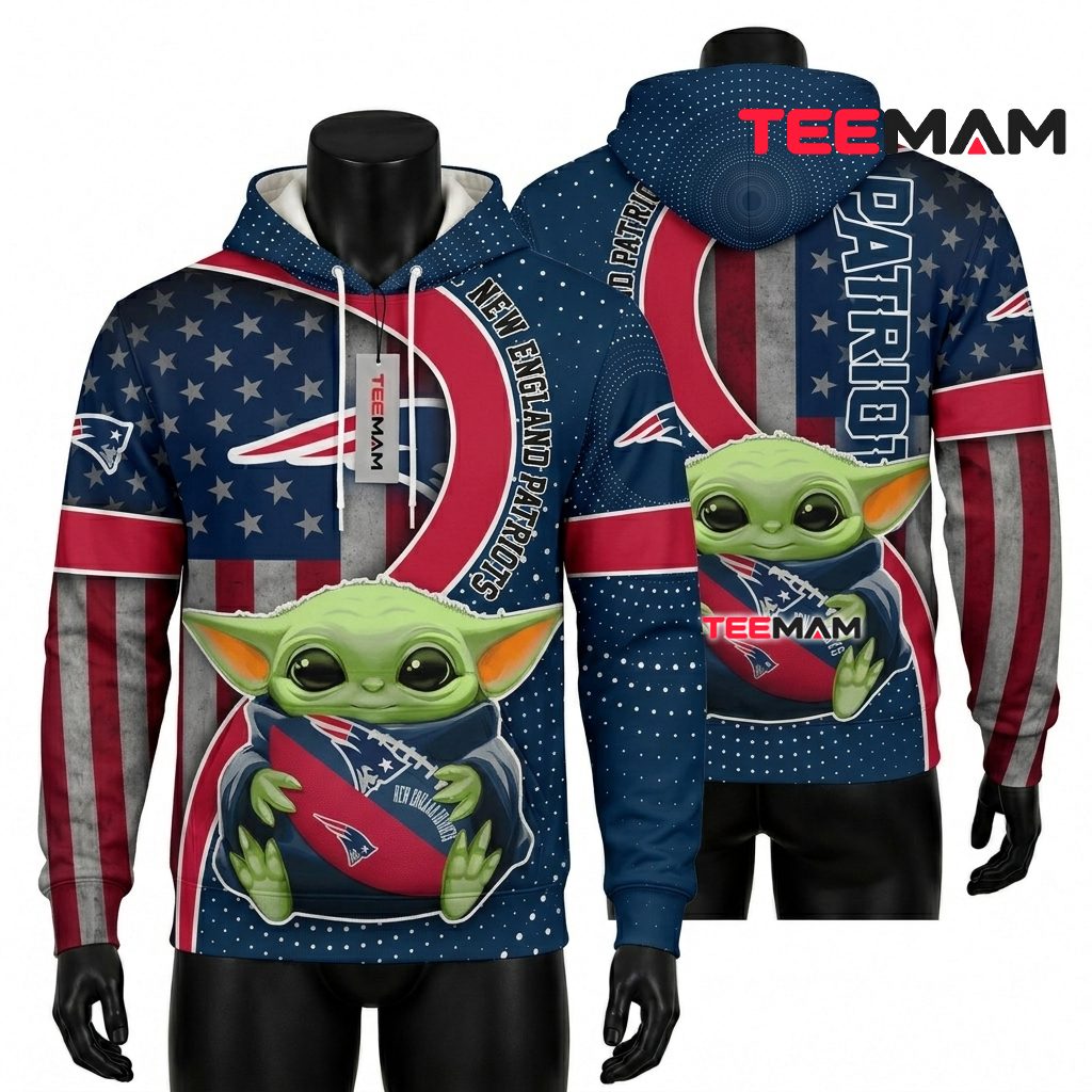 Personalized New England Patriots All Over Print 3D Hoodie Baby Yoda US Flag Front