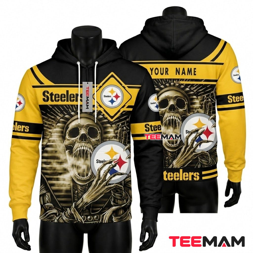 Personalized Pittsburgh Steelers All Over Print 3D Hoodie Skull Holding Logo Front