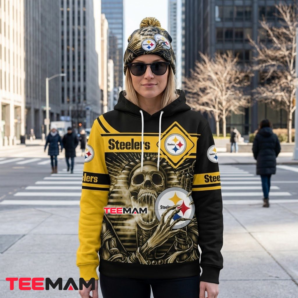 Personalized Pittsburgh Steelers All Over Print 3D Hoodie Skull Holding Logo Back Personalized Pittsburgh Steelers All Over Print 3D Hoodie Skull Holding Logo Back