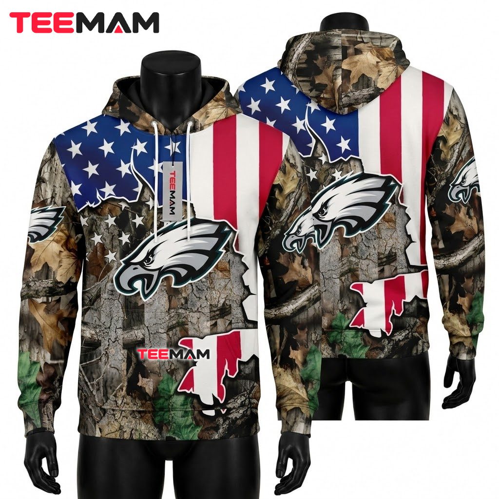 Philadelphia Eagles 3D Hoodie American Flag Hunting Camo Front