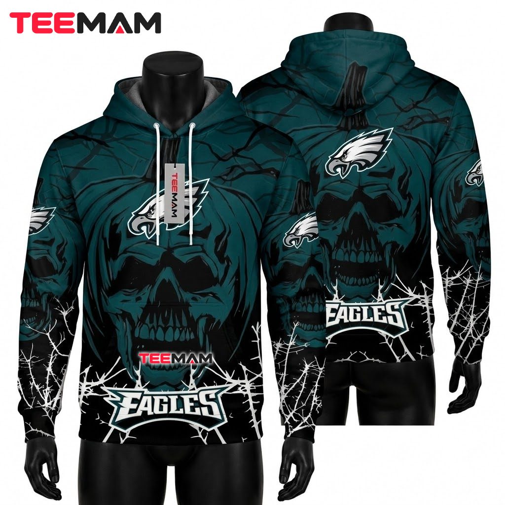 Philadelphia Eagles 3D Hoodie Halloween Pumpkin Skull Front