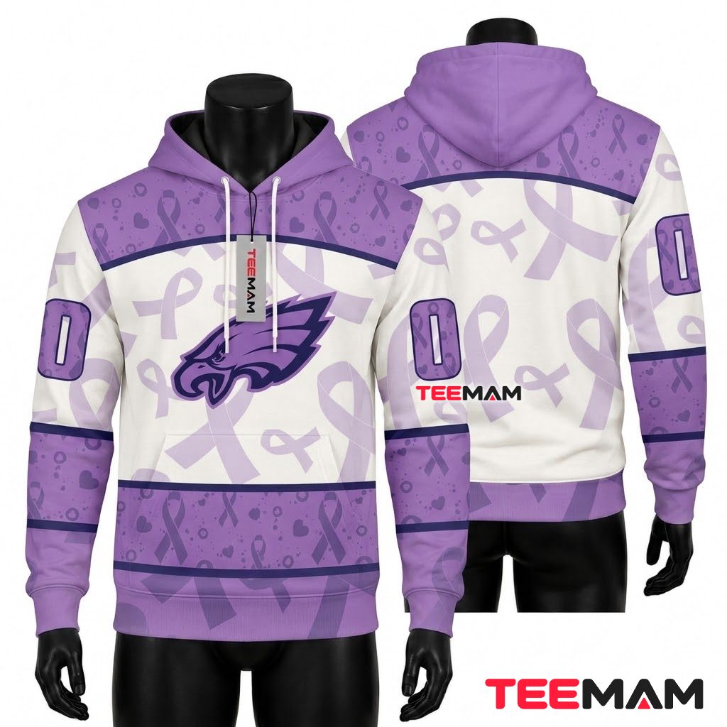 Philadelphia Eagles 3D Hoodie Lavender Cancer Awareness Front