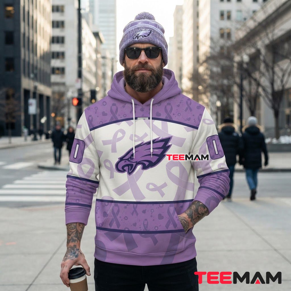 Philadelphia Eagles 3D Hoodie Lavender Cancer Awareness Back Philadelphia Eagles 3D Hoodie Lavender Cancer Awareness Back