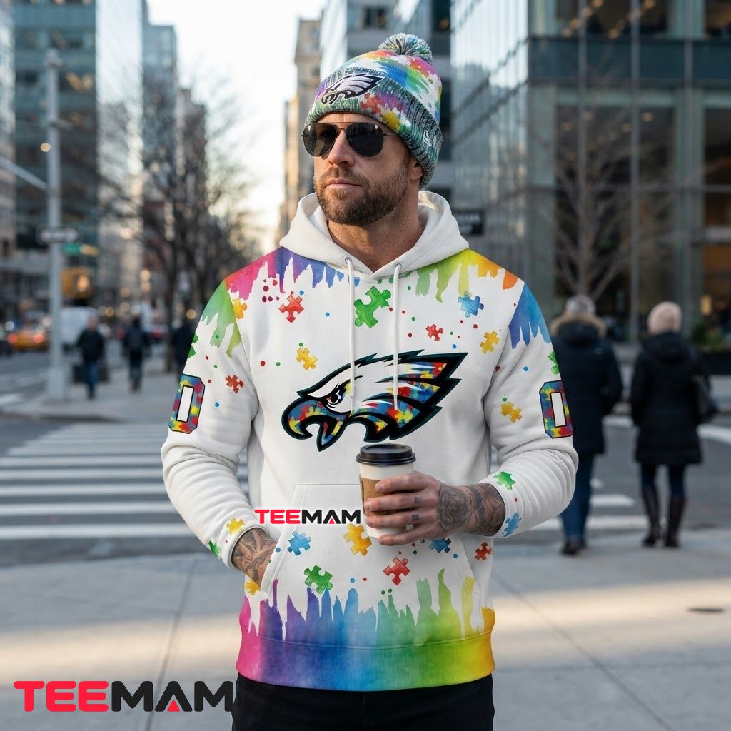 Philadelphia Eagles 3D Hoodie Rainbow Watercolor Autism Awareness Back Philadelphia Eagles 3D Hoodie Rainbow Watercolor Autism Awareness Back
