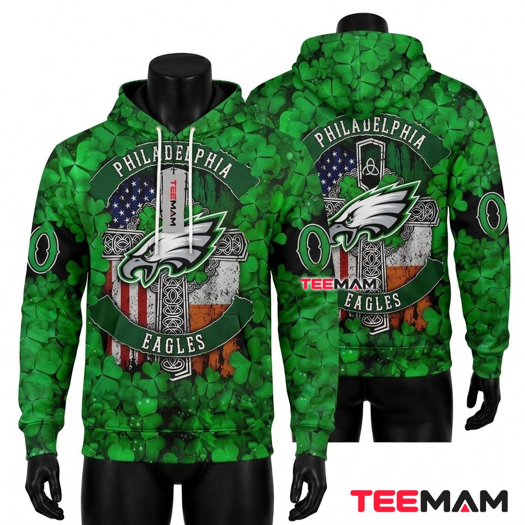 Philadelphia Eagles 3D Hoodie Shamrock Celtic Cross Front