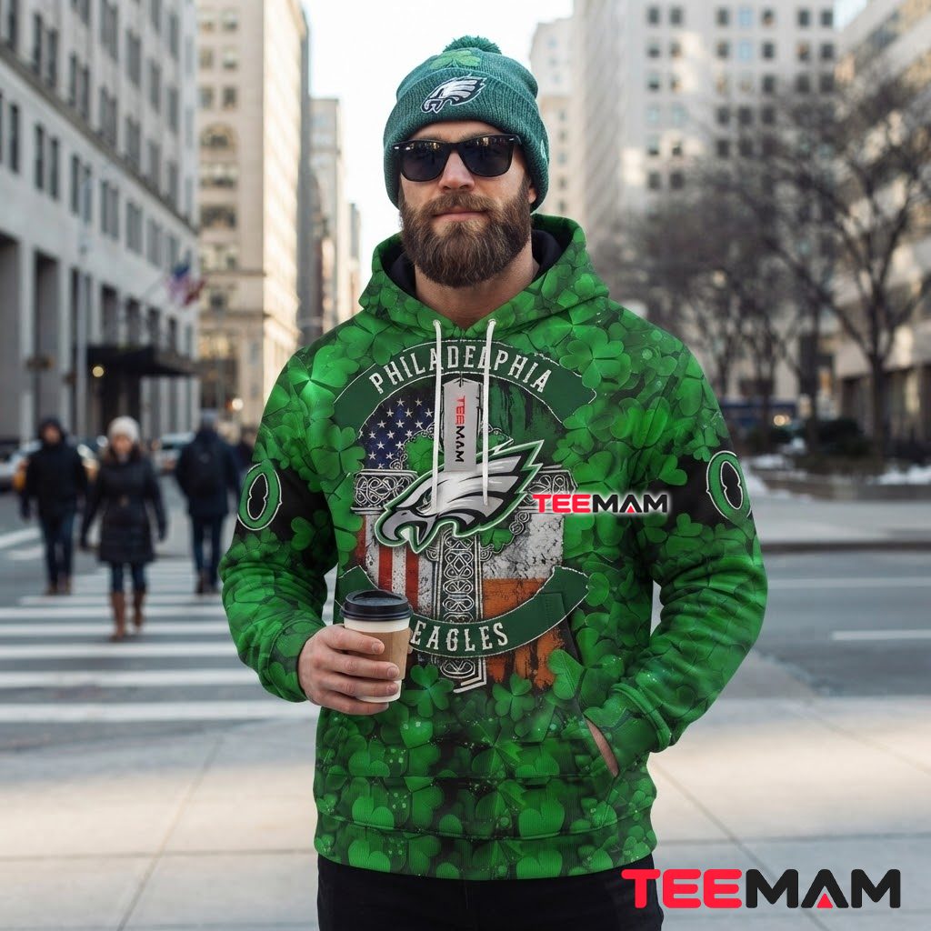 Philadelphia Eagles 3D Hoodie Shamrock Celtic Cross Back Philadelphia Eagles 3D Hoodie Shamrock Celtic Cross Back
