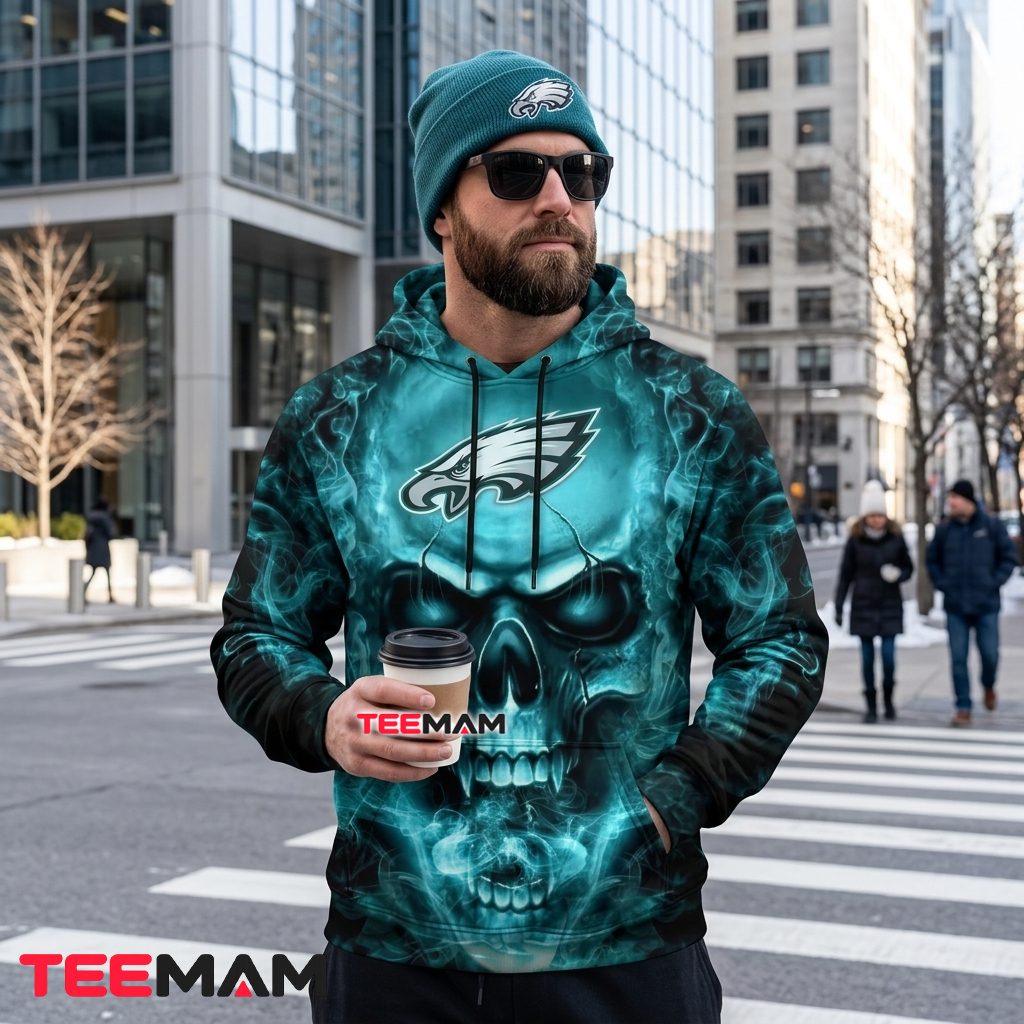 Philadelphia Eagles 3D Hoodie Teal Flame Skull Back Philadelphia Eagles 3D Hoodie Teal Flame Skull Back