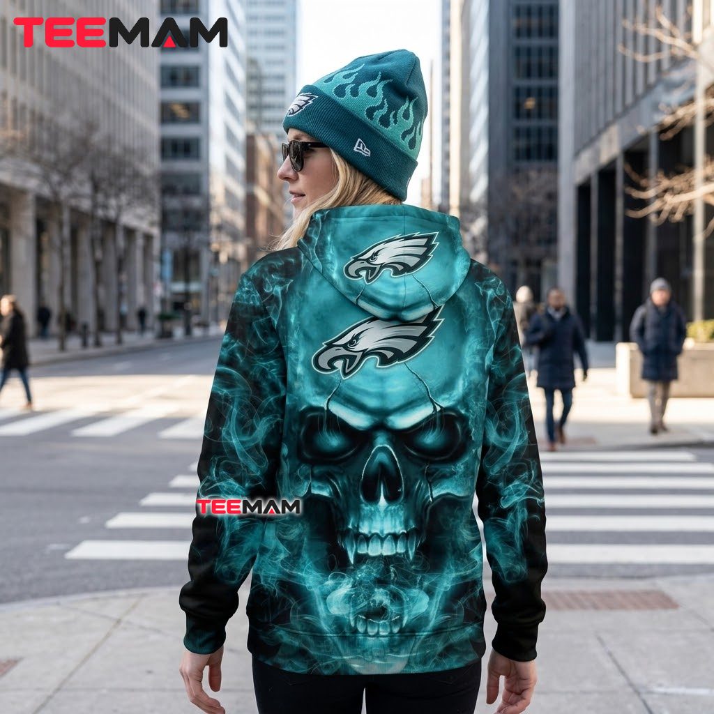 Philadelphia Eagles 3D Hoodie Teal Flame Skull Version 3 Philadelphia Eagles 3D Hoodie Teal Flame Skull Version 3