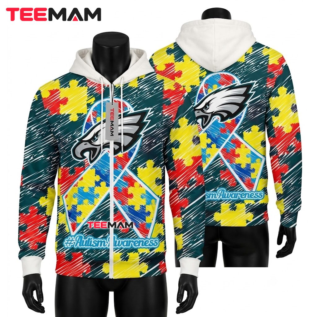 Philadelphia Eagles All Over Print 3D Hoodie Autism Awareness Puzzle Pattern Front