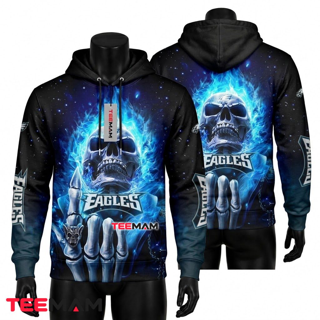 Philadelphia Eagles All Over Print 3D Hoodie Blue Flame Galaxy Skull Front