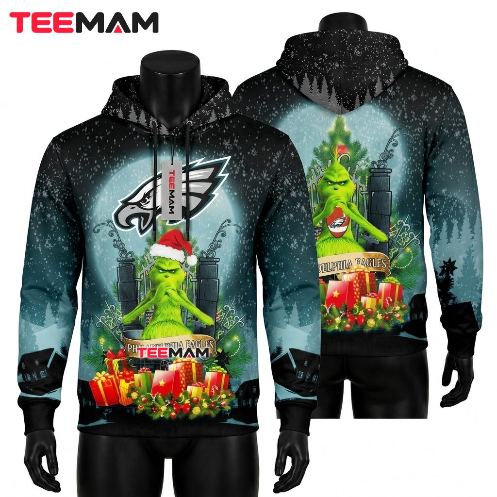 Philadelphia Eagles All Over Print 3D Hoodie Grinch Christmas Front
