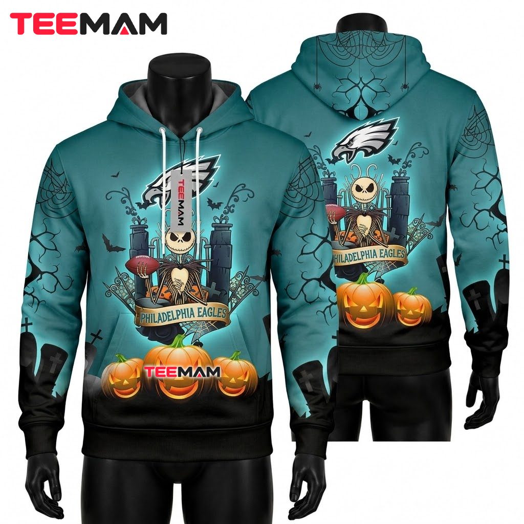 Philadelphia Eagles All Over Print 3D Hoodie Jack Skellington Pumpkin Front