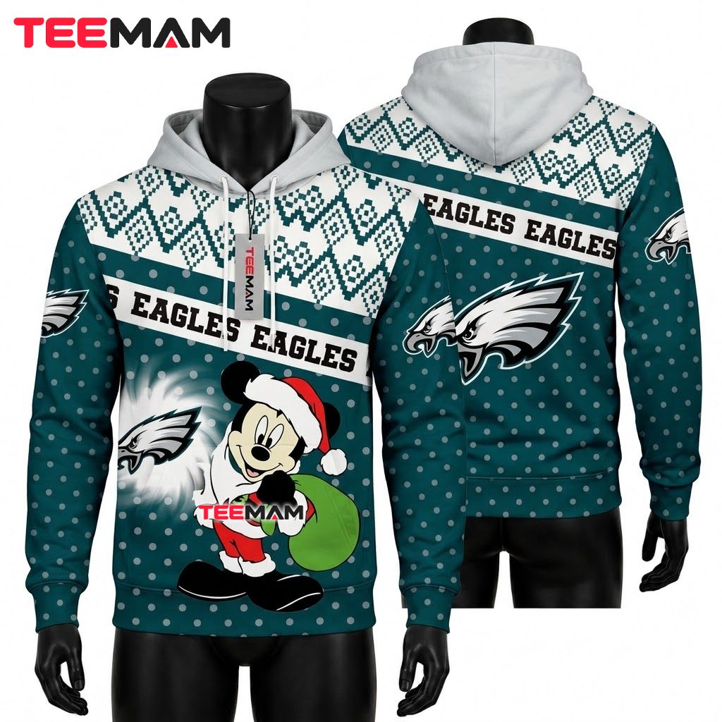 Philadelphia Eagles All Over Print 3D Hoodie Santa Mickey Christmas Front