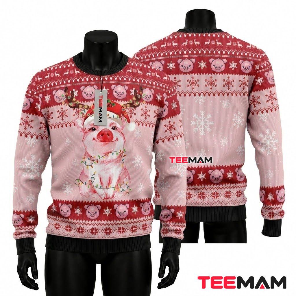 Pig Ugly Christmas Sweater Antler Lights Pink Front