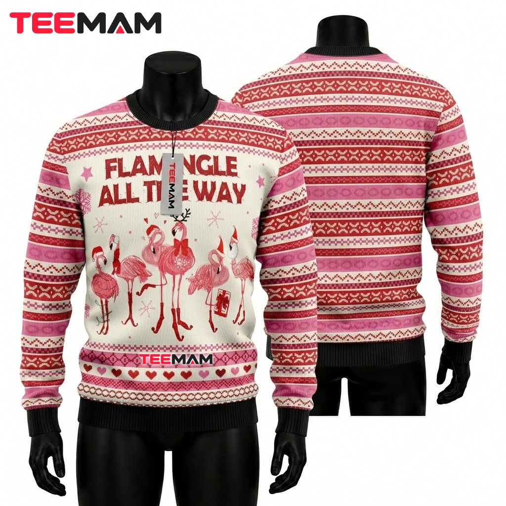 Pink Flamingo Ugly Christmas Sweater Flamingle All Way Front