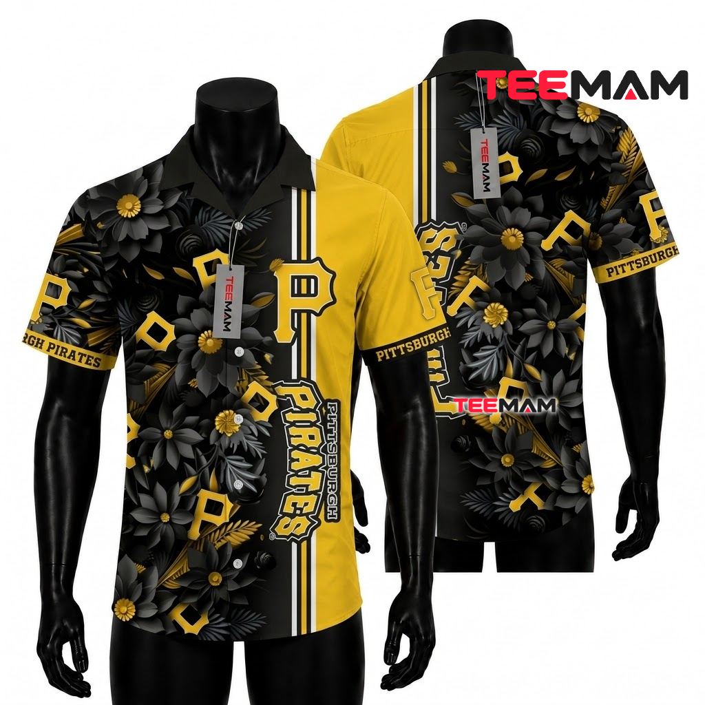 Pittsburgh Pirates Hawaiian Shirt Black Gold Wildflower