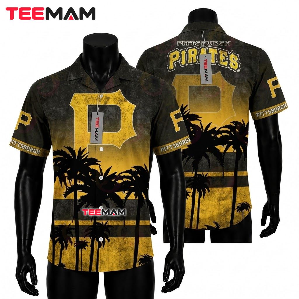 Pittsburgh Pirates Hawaiian Shirt Grunge Palm Silhouette