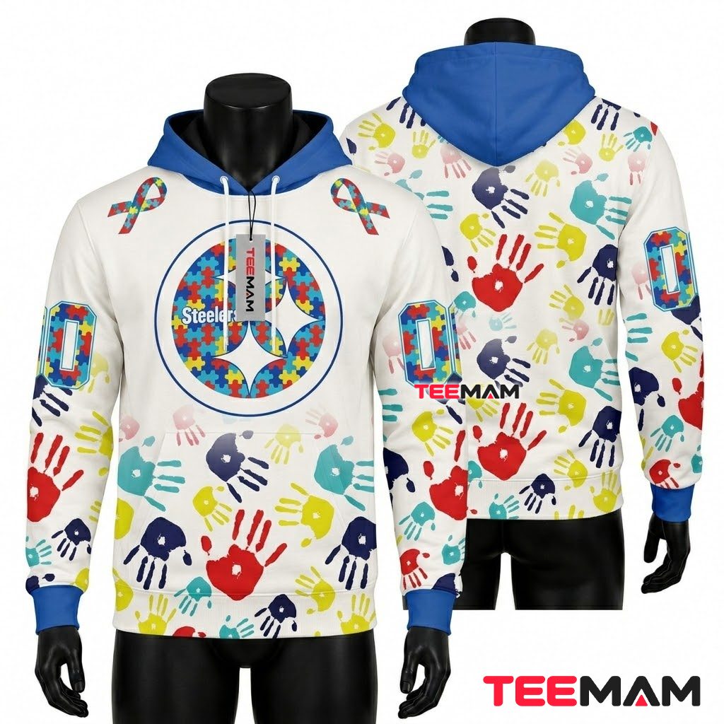 Pittsburgh Steelers 3D Hoodie Autism Awareness Handprint Front