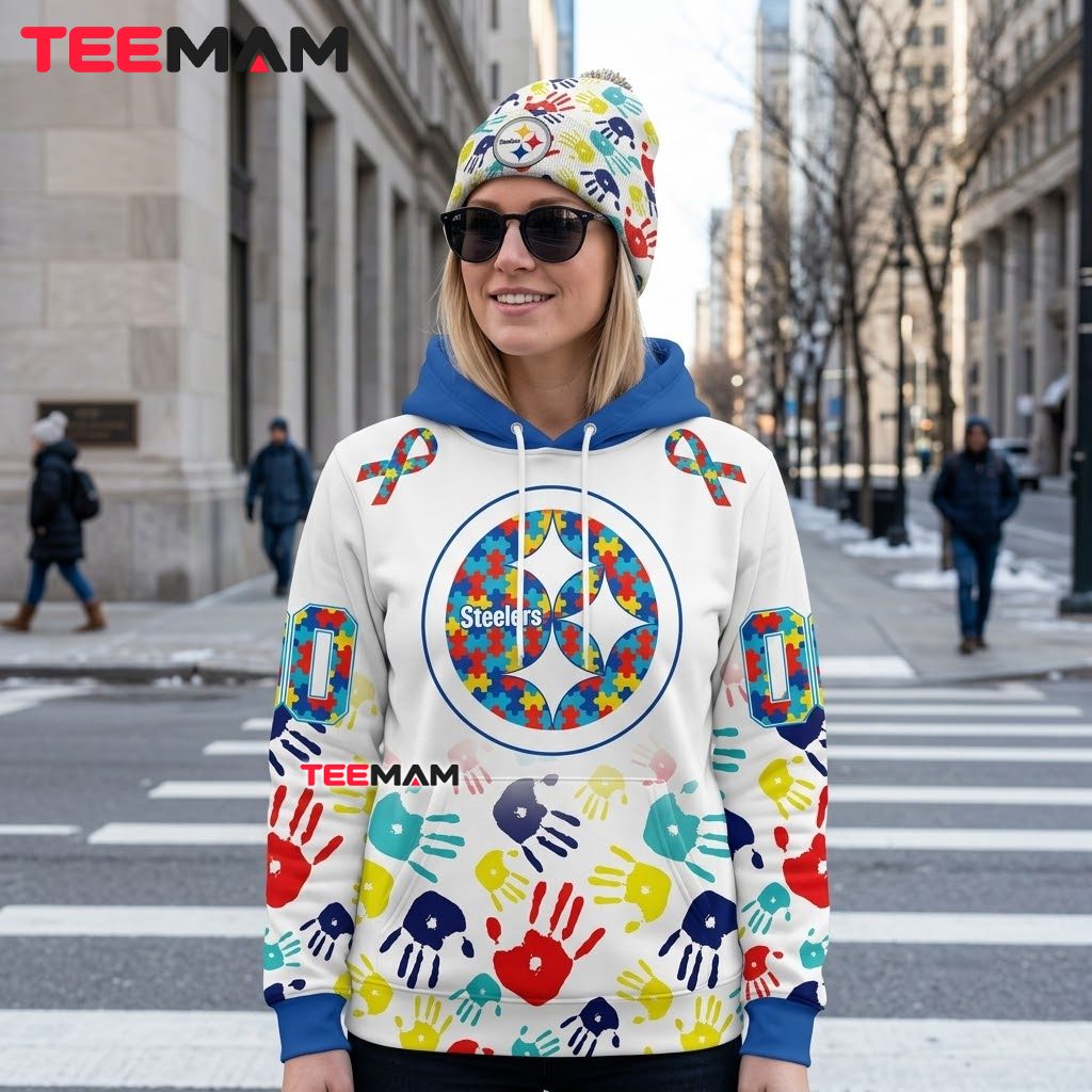 Pittsburgh Steelers 3D Hoodie Autism Awareness Handprint Back Pittsburgh Steelers 3D Hoodie Autism Awareness Handprint Back