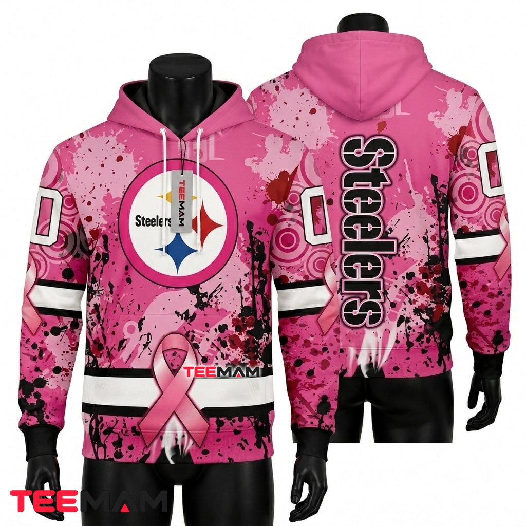 Pittsburgh Steelers 3D Hoodie Breast Cancer Pink Front