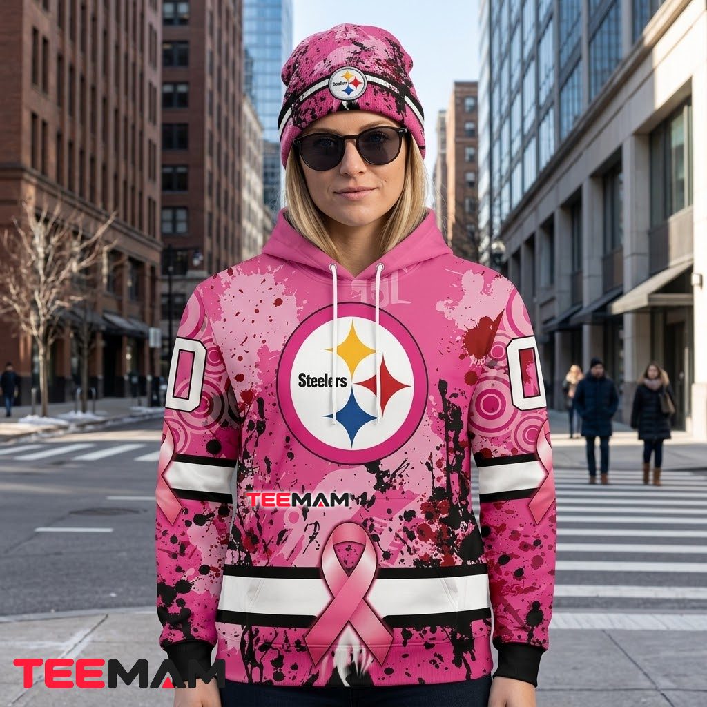 Pittsburgh Steelers 3D Hoodie Breast Cancer Pink Back Pittsburgh Steelers 3D Hoodie Breast Cancer Pink Back