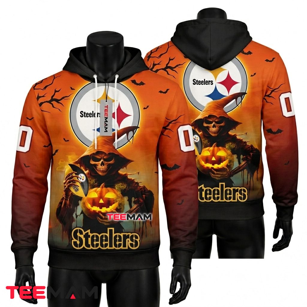 Pittsburgh Steelers 3D Hoodie Grim Reaper Pumpkin Halloween Front